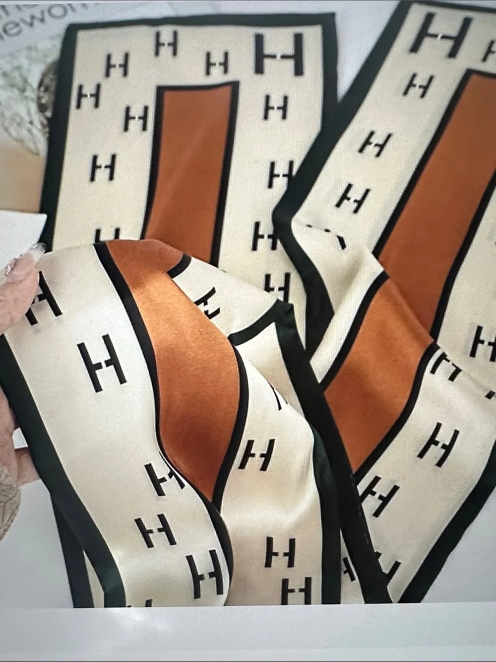 Cream and Camel Silk Scarf with H Pattern